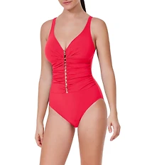 Profile by Gottex Tutti Frutti V-Neck Gold Beaded Ladder D-Cup Tank One Piece Swimsuit