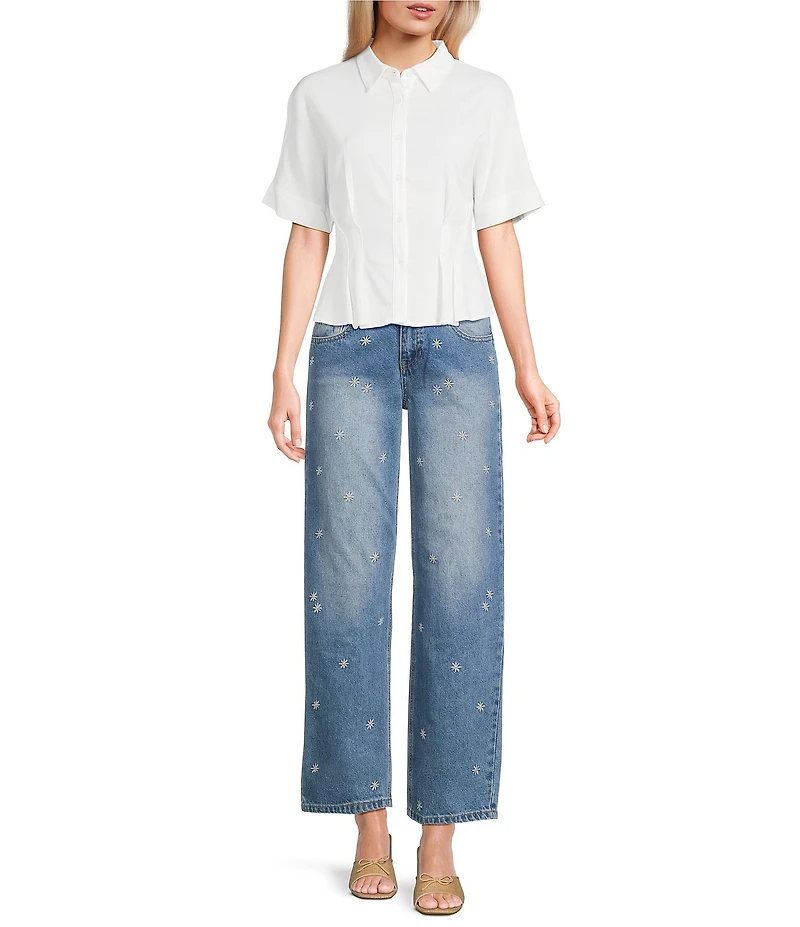 Prosperity Denim Daisy Embroidered Loose Fit Straight Leg Jeans