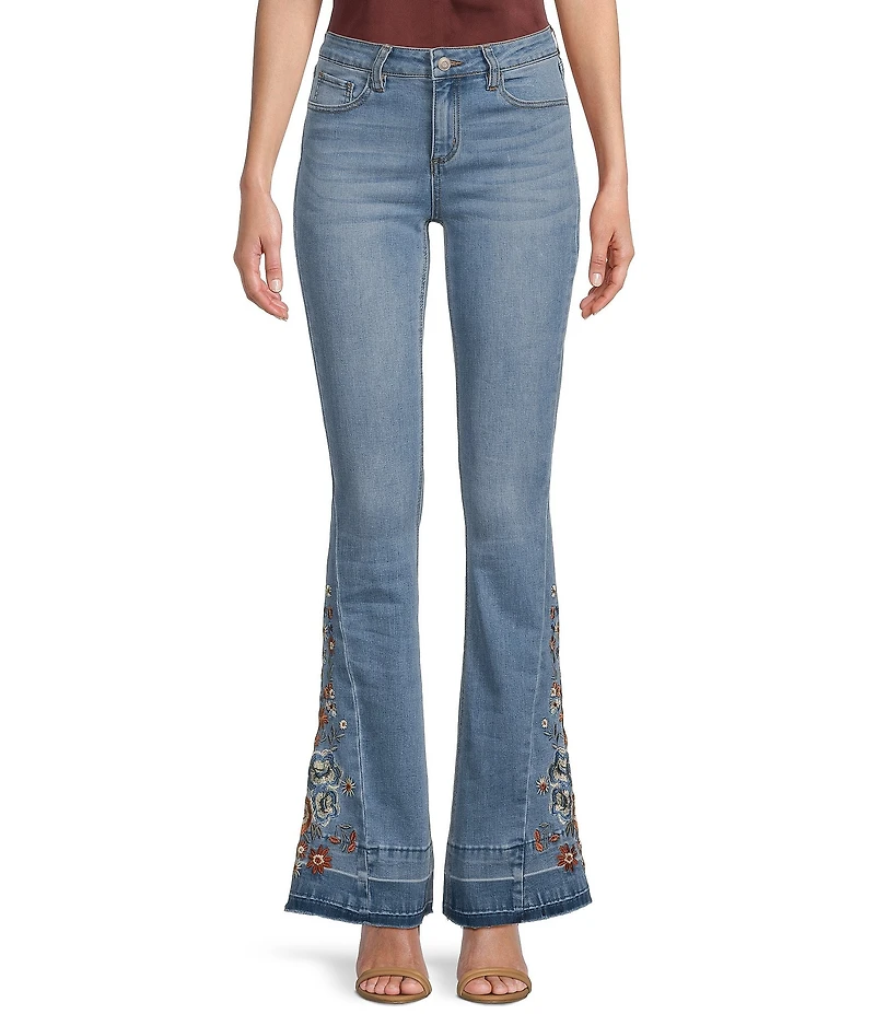 Prosperity Denim High Rise Floral Embroidered Released Hem Flare Leg Jeans