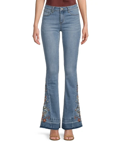Prosperity Denim High Rise Floral Embroidered Released Hem Flare Leg Jeans