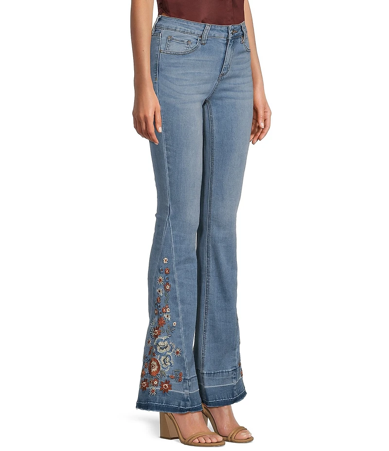 Prosperity Denim High Rise Floral Embroidered Released Hem Flare Leg Jeans