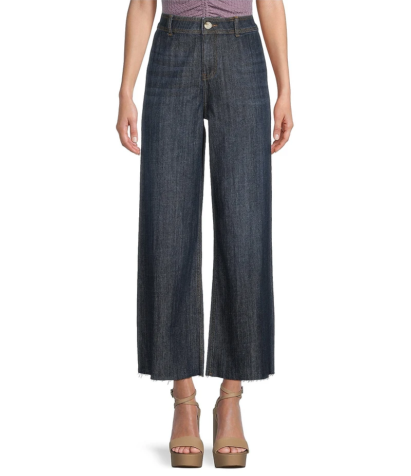 Prosperity Denim Dark High Rise Wide Leg Raw Hem Trouser Jeans