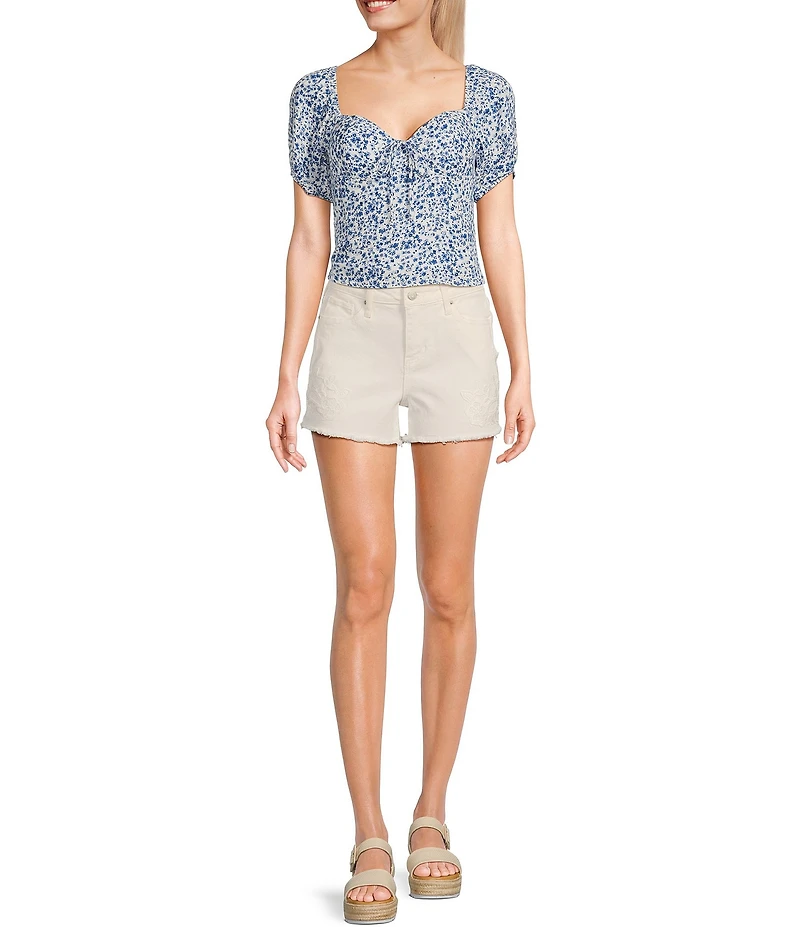 Prosperity Denim Mid Rise Crocheted Detail Frayed Hem Denim Shorts
