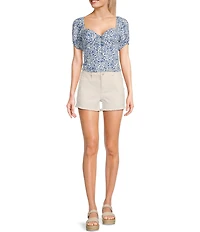 Prosperity Denim Mid Rise Crocheted Detail Frayed Hem Denim Shorts