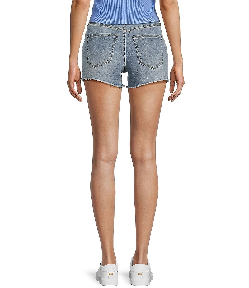 Prosperity Denim Mid Rise Flower Embroidered Frayed Hem Denim Shorts