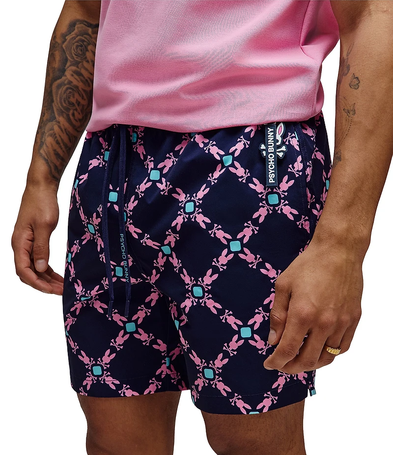 Psycho Bunny Aram Bunny Diamond Print 5 3/4#double; Inseam Swim Trunks