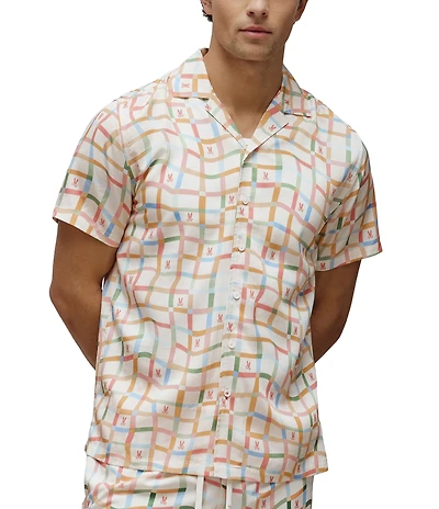 Psycho Bunny Atlas Placement Grid Graphic Short Sleeve Woven Camp Shirt