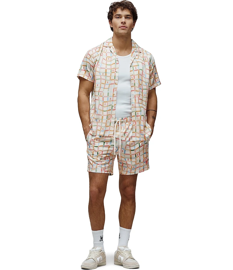 Psycho Bunny Atlas Placement Grid Graphic Short Sleeve Woven Camp Shirt