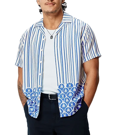 Psycho Bunny Brad Stripe Palm Tree Print Tencel Short Sleeve Woven Camp Shirt