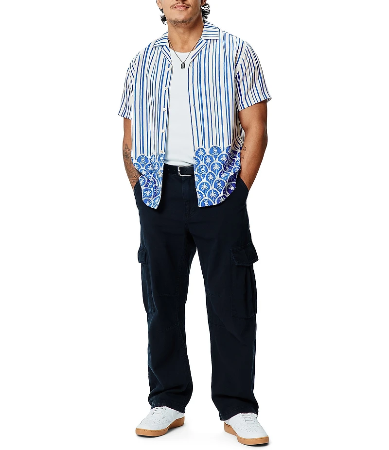 Psycho Bunny Brad Stripe Palm Tree Print Tencel Short Sleeve Woven Camp Shirt