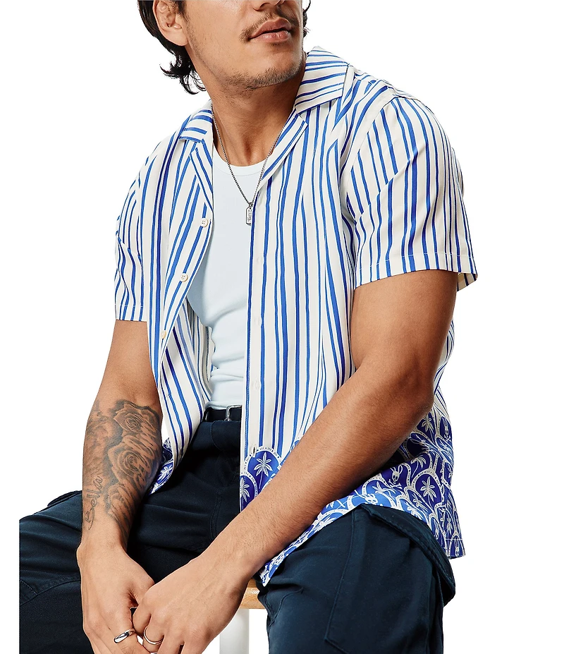 Psycho Bunny Brad Stripe Palm Tree Print Tencel Short Sleeve Woven Camp Shirt