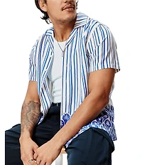 Psycho Bunny Brad Stripe Palm Tree Print Tencel Short Sleeve Woven Camp Shirt