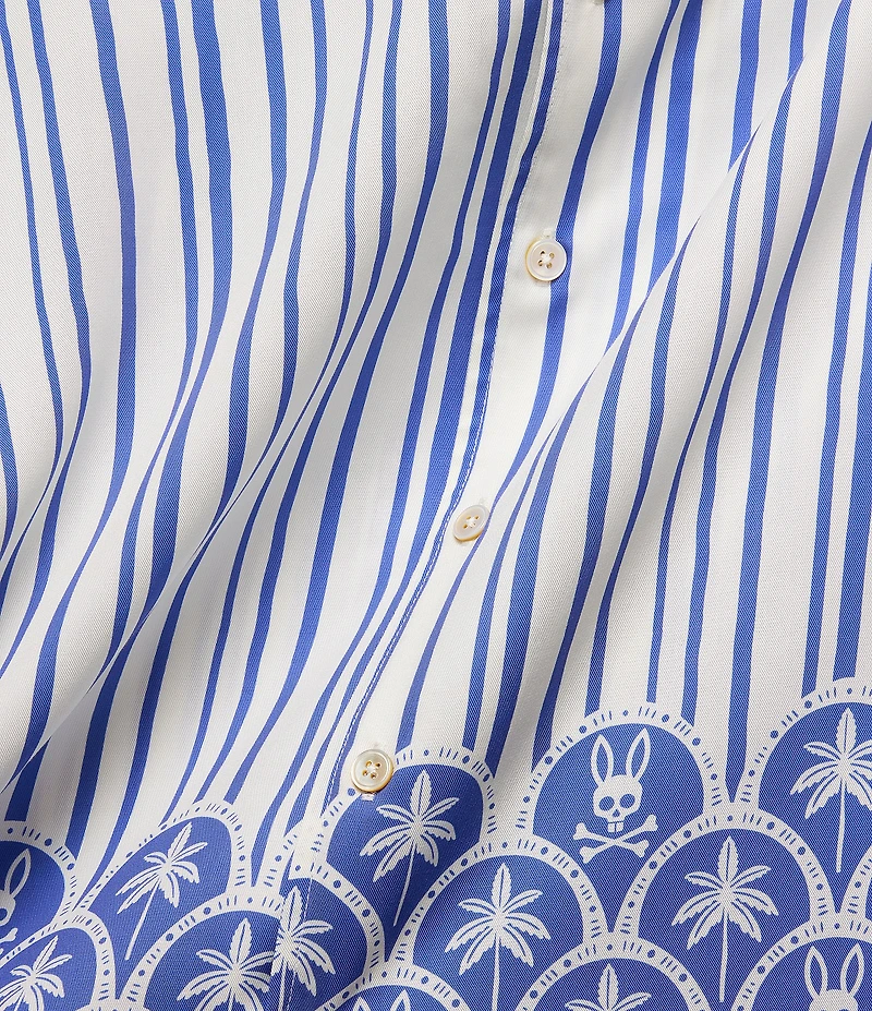 Psycho Bunny Brad Stripe Palm Tree Print Tencel Short Sleeve Woven Camp Shirt