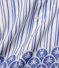 Psycho Bunny Brad Stripe Palm Tree Print Tencel Short Sleeve Woven Camp Shirt