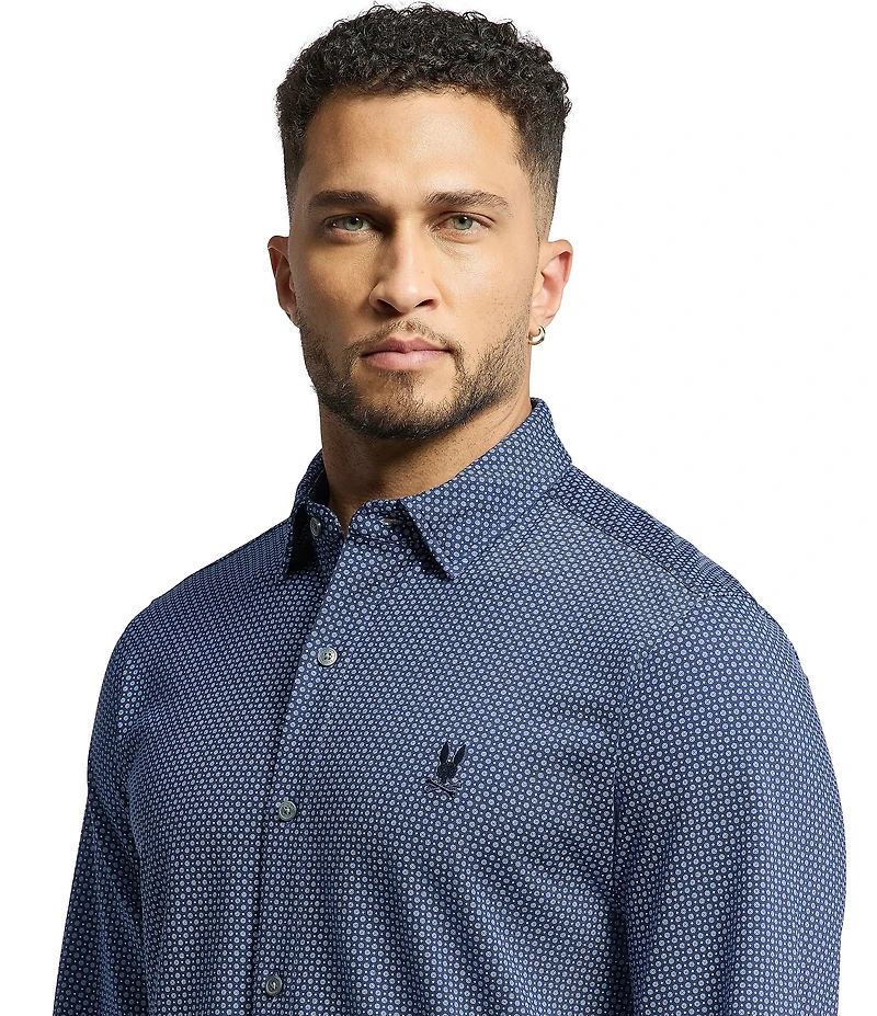Psycho Bunny Connor Classic Fit Spread Collar Patterned Stretch Knit Dress Shirt