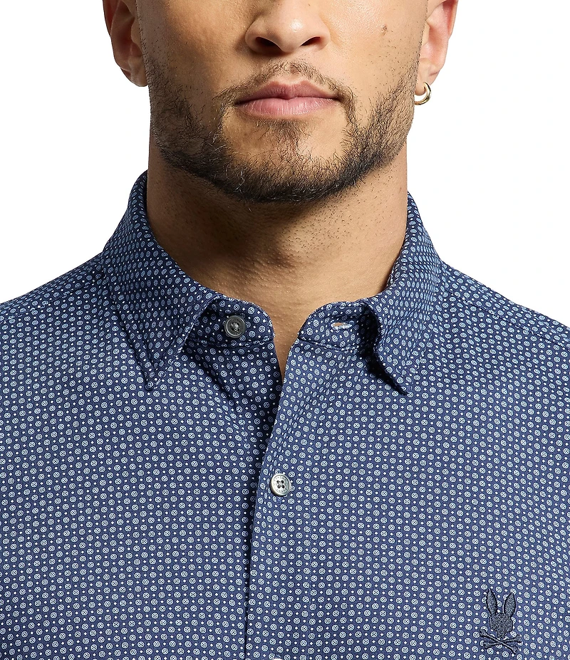 Psycho Bunny Connor Classic Fit Spread Collar Patterned Stretch Knit Dress Shirt