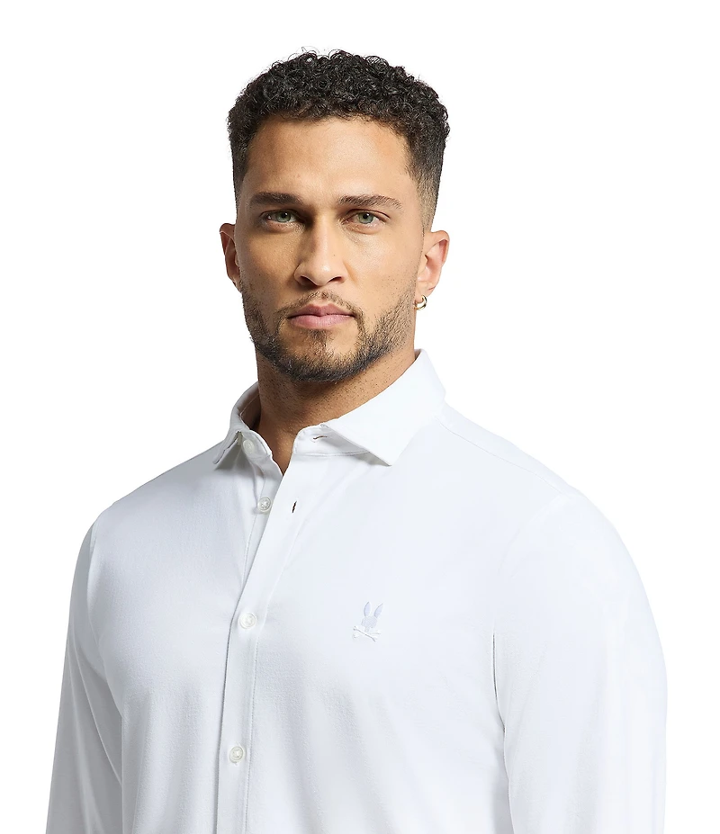 Psycho Bunny Jackson Classic Fit Spread Collar Solid Stretch Knit Dress Shirt