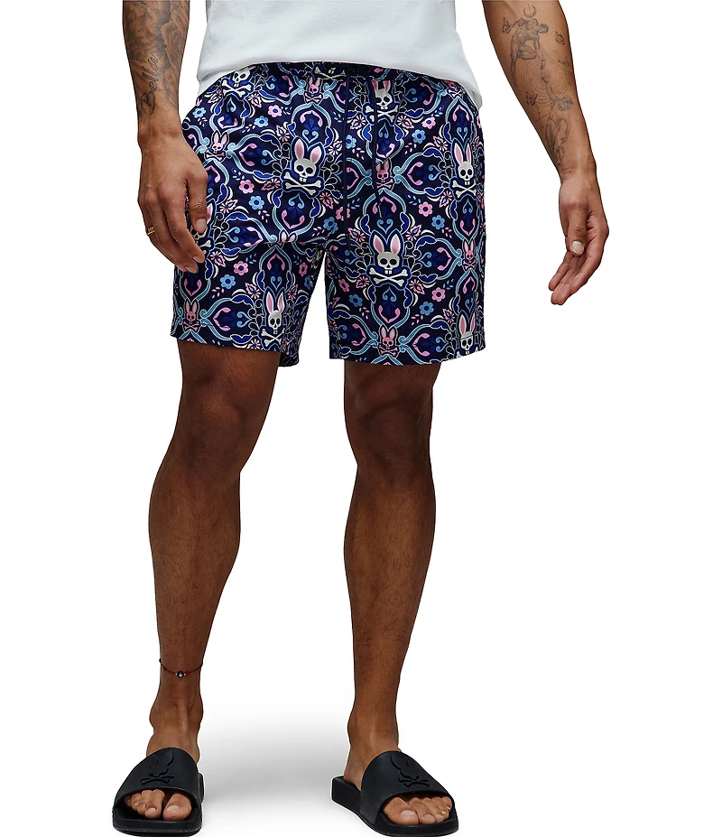 Psycho Bunny Luke Allover Bunny Paisley Print 6#double; Inseam Swim Trunks
