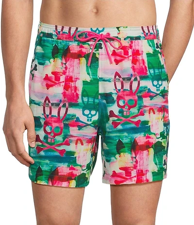 Psycho Bunny Nate Watercolor Bunny Printed 5.75#double; Inseam Swim Trunks
