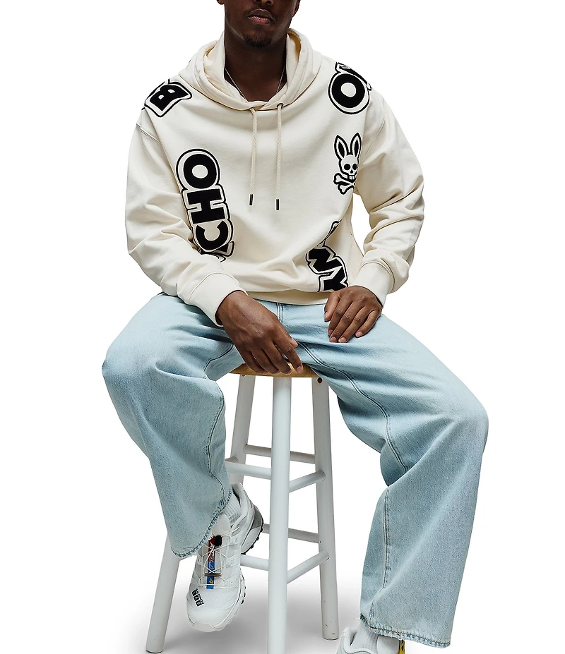 Psycho Bunny Toby Wordmark Flocking Logo Long Sleeve Relaxed Fit Hoodie