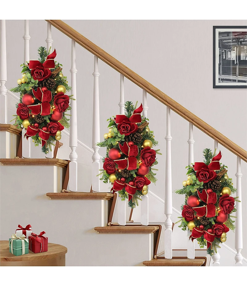 Puleo International Inc. 28#double; Pre-Lit Battery-Operated Artificial Adorned Christmas Banister Decor