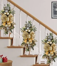 Puleo International Inc. 28#double; Pre-Lit Battery-Operated Gold Bow Artificial Christmas Banister Decor