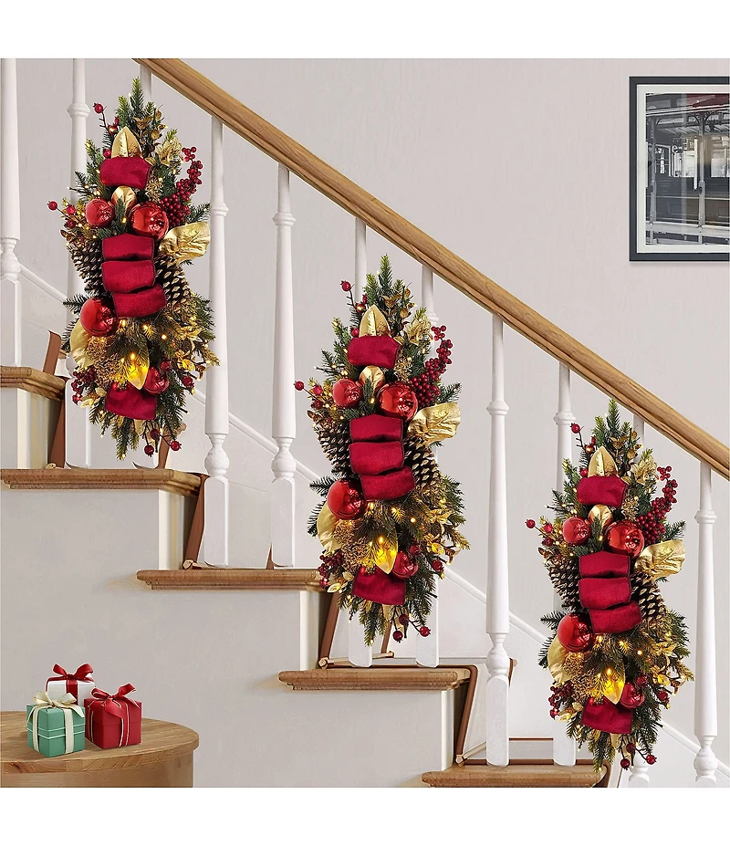 Puleo International Inc. 28#double; Pre-Lit Battery-Operated Red & Gold Artificial Banister Decor