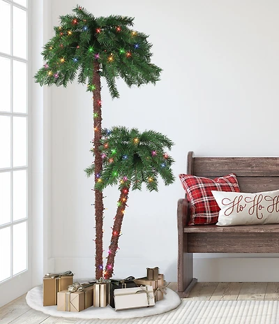 Puleo International Inc. Pre-Lit Multi-Color Light Double Trunk Artificial Palm Tree