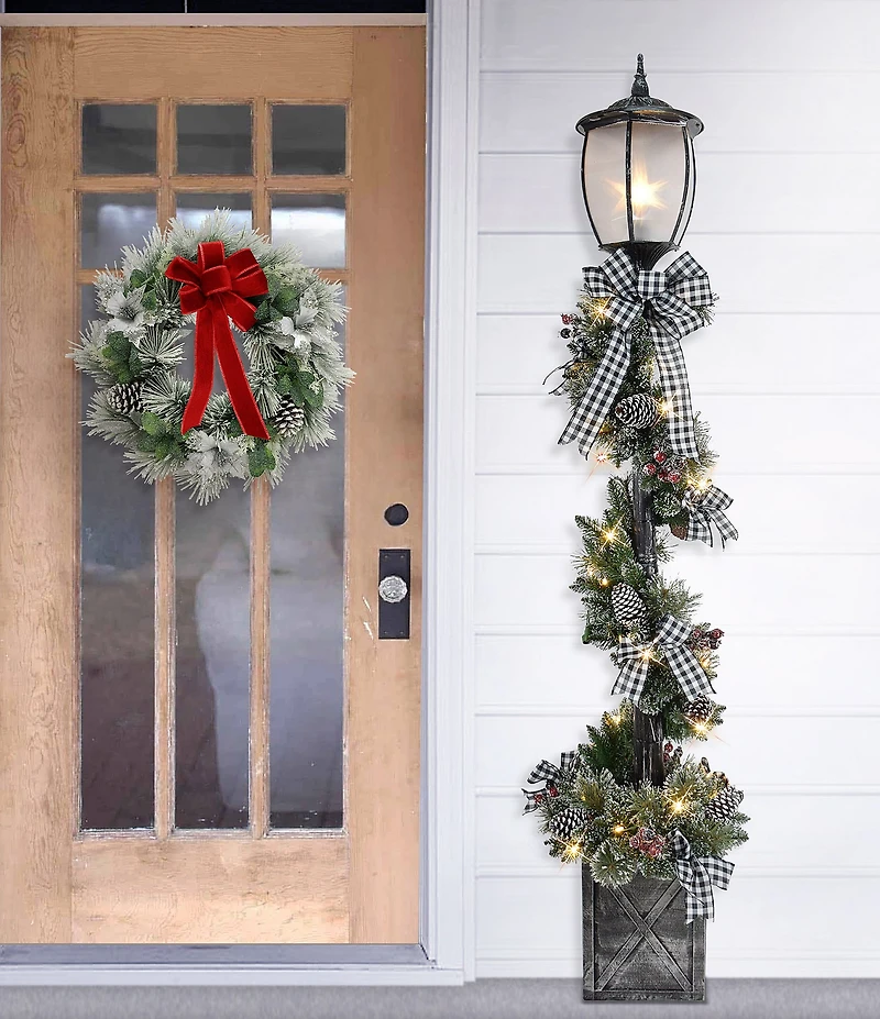 Puleo International Inc. 7-ft. Pre-Lit Artificial Adorned Lamp Post with 200 Branch Tips and LED Lights Yard Sculpture