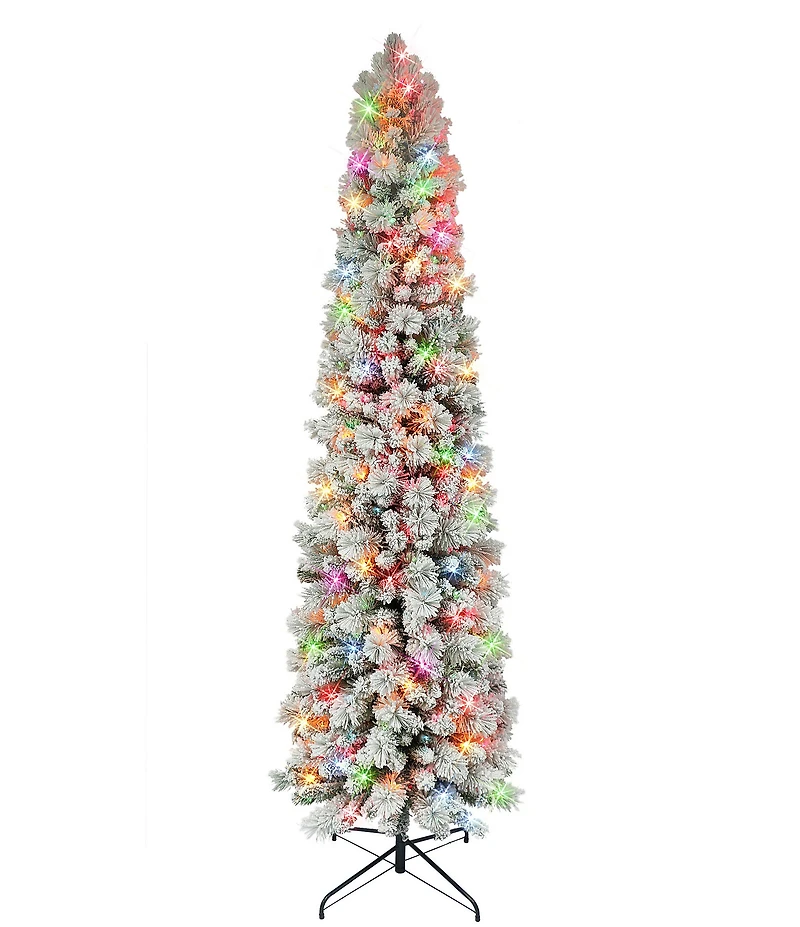 Puleo International Inc. 7.5 ft Pre-Lit Flocked Portland Pine Artificial Pencil Christmas Tree