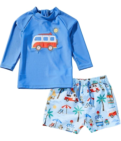 Purebaby Baby Boys Long Sleeve Cancun Bus Rashguard T-Shirt & Island-Printed Swim Trunks Two-Piece Swimsuit