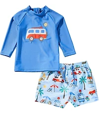 Purebaby Baby Boys Long Sleeve Cancun Bus Rashguard T-Shirt & Island-Printed Swim Trunks Two-Piece Swimsuit