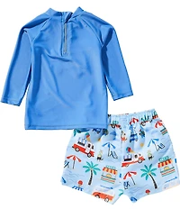 Purebaby Baby Boys Long Sleeve Cancun Bus Rashguard T-Shirt & Island-Printed Swim Trunks Two-Piece Swimsuit