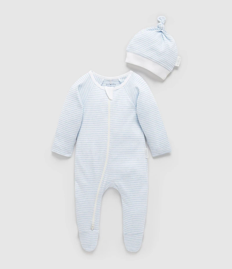 Purebaby Baby Boys Organic Cotton Stripe Zip Footie & Knot Hat Set