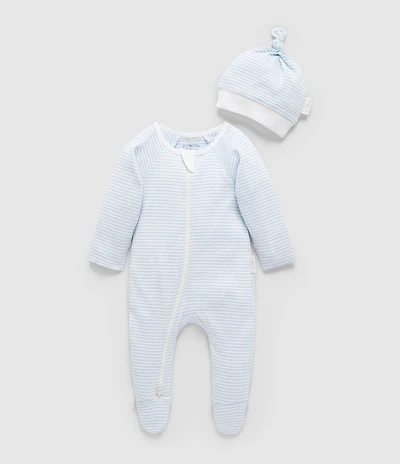 Purebaby Baby Boys Organic Cotton Stripe Zip Footie & Knot Hat Set