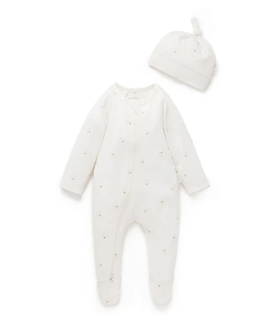 Purebaby Baby Boys Organic Cotton Bear Printed Zip Footie & Knot Hat Set