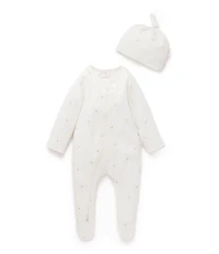 Purebaby Baby Boys Organic Cotton Bear Printed Zip Footie & Knot Hat Set