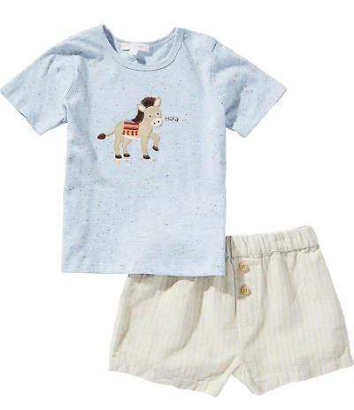 Purebaby Baby Boys Organic Cotton Short Sleeve Donkey Appliqued Jersey T-Shirt & Striped Linen-Blend Shorts Set