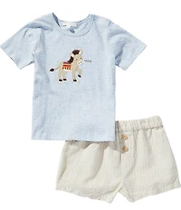Purebaby Baby Boys Organic Cotton Short Sleeve Donkey Appliqued Jersey T-Shirt & Striped Linen-Blend Shorts Set
