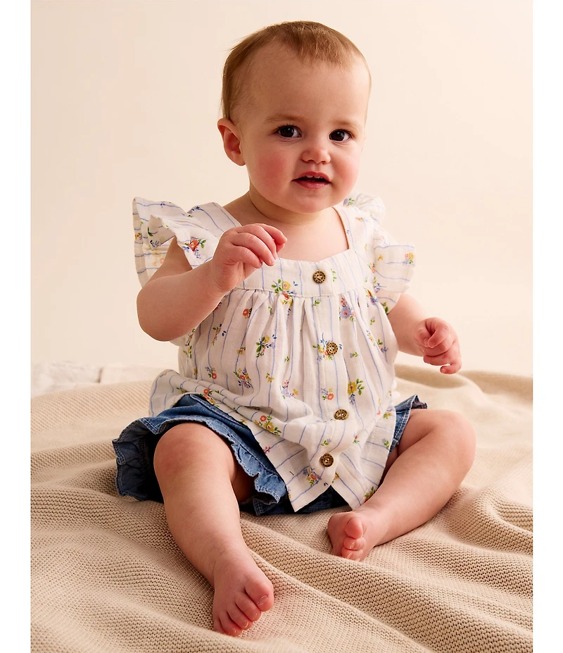 Purebaby Baby Girls Organic Cotton Floral Ruffle Top & Shorts Set