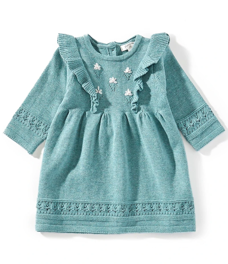 Purebaby Baby Girls Long-Sleeve Primrose Eyelet-Embroidered Wool-Blend Knitted Dress