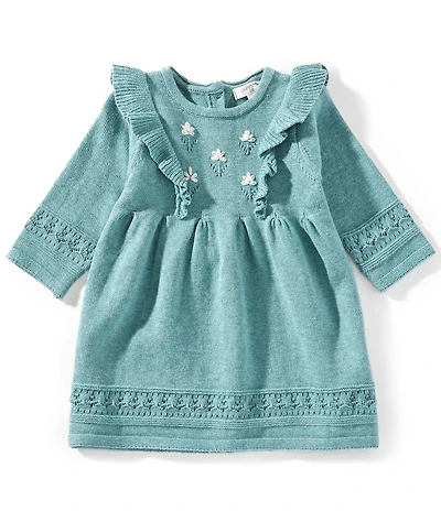 Purebaby Baby Girls Long-Sleeve Primrose Eyelet-Embroidered Wool-Blend Knitted Dress
