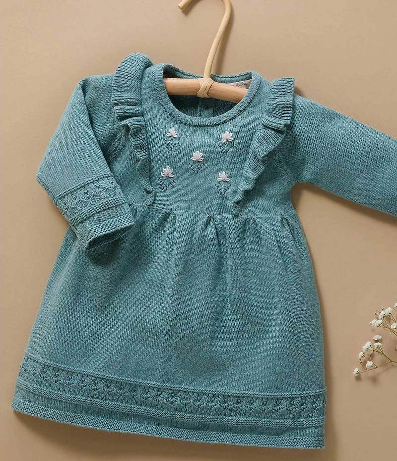 Purebaby Baby Girls Long-Sleeve Primrose Eyelet-Embroidered Wool-Blend Knitted Dress