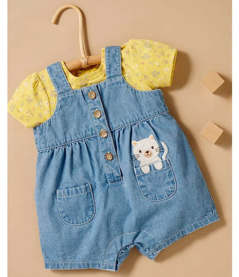 Purebaby Baby Girls Organic Cotton Pocket Overall With Layering Floral T-Shirt Set