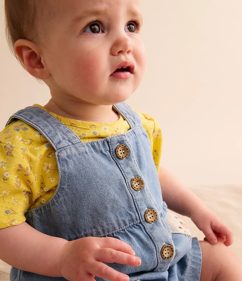 Purebaby Baby Girls Organic Cotton Pocket Overall With Layering Floral T-Shirt Set