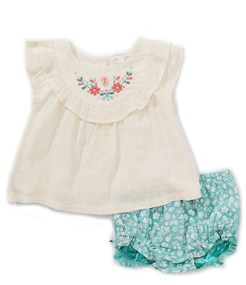 Purebaby Baby Girls Organic Cotton Floral Embroidered Short Sleeve & Ruffle Bloomers Set