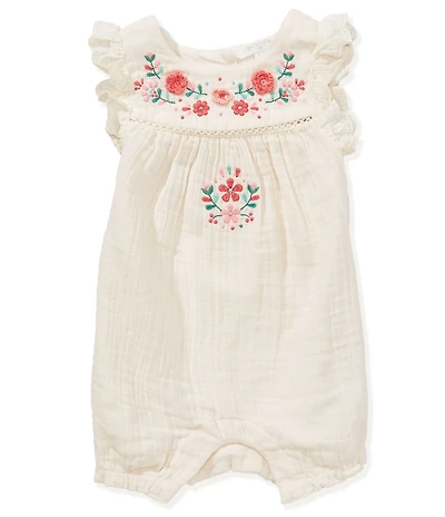 Purebaby Baby Girls Organic Cotton Flutter Sleeves Embroidered Bubble Romper