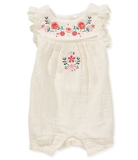 Purebaby Baby Girls Organic Cotton Flutter Sleeves Embroidered Bubble Romper