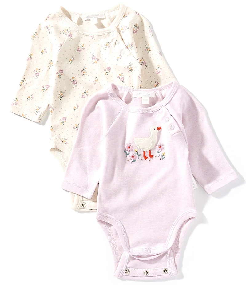 Purebaby Baby Girls Organic Cotton Long Sleeve Printed Ruffle Bodysuit 2-Pack