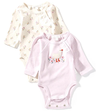 Purebaby Baby Girls Organic Cotton Long Sleeve Printed Ruffle Bodysuit 2-Pack